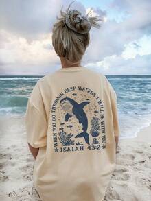 Women's Loose Fit Christian Beach T-Shirt, Soft Quick-Dry Round Neck Tee With Whale Shark Underwater Print And Isaiah 43:2 Bible Verse, INS Beach Aesthetic Streetwear, Suitable For Beach Vacation, Pool Party, Summer Camp And Seaside Stroll Casual - Apricot - View 5