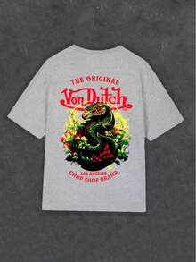 Grey 1pcs Women's Double Side Print Von Ditch Dragon Floral Design Red And Green Print Fabric Soft & Skin-Friendly Unisex Style Gifts For Spring Festival, Valentine's Day, St. Patrick's Day & World Cup-Van Dutch Dragon Print Women T Shirt Classic Americana Style Graphic - Xám - Xem 3
