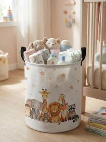 1pc Foldable Round Storage Basket With Handles, Cute Animal Pattern, Large Capacity Multi-Purpose Storage Bin For Nursery, Baby Diaper, Clothes, Toys And Accessories Organization - Multicolor - View 19