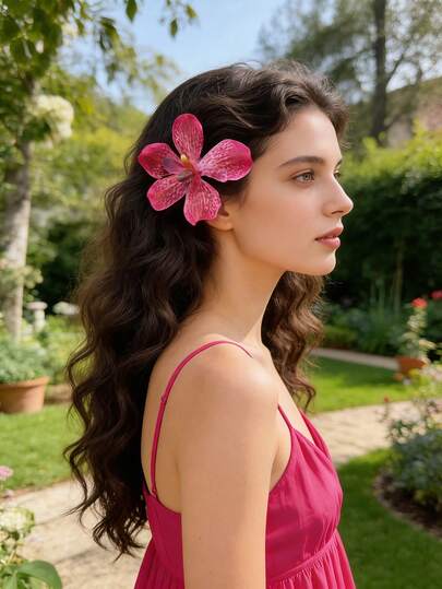 1 pieza Nuevo Clip con flor de fucsia para el flequillo lateral, accesorio de moda bohemio para el cabello para mujeres, adecuado para vacaciones en la playa
