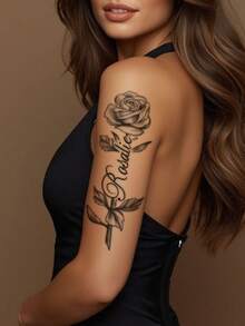 1pc Fashionable Waterproof Floral Rosalie English Temporary Tattoo, Suitable For Arm, Unisex, Design - Black - View 5