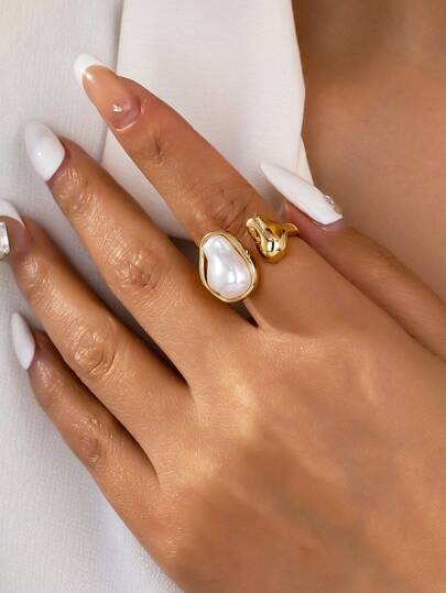 1 pièce Bague perle asymétrique minimaliste à la mode, bague ouverte élégante vintage pour femme, convient pour le quotidien, les vacances, les sorties, les jours fériés. Bijou cadeau pour elle