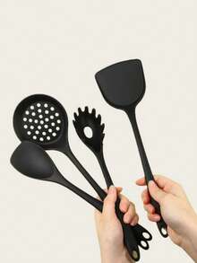 8pcs Silicone Kitchen Cooking Utensil Set, Including Chinese Spatula, Wok Spatula, Soup Ladle, Strainer, Frying Spatula, Pasta Server, Salad Tongs, Honey Dipper, Available In Red And Black Colors - Multicolor - View 9