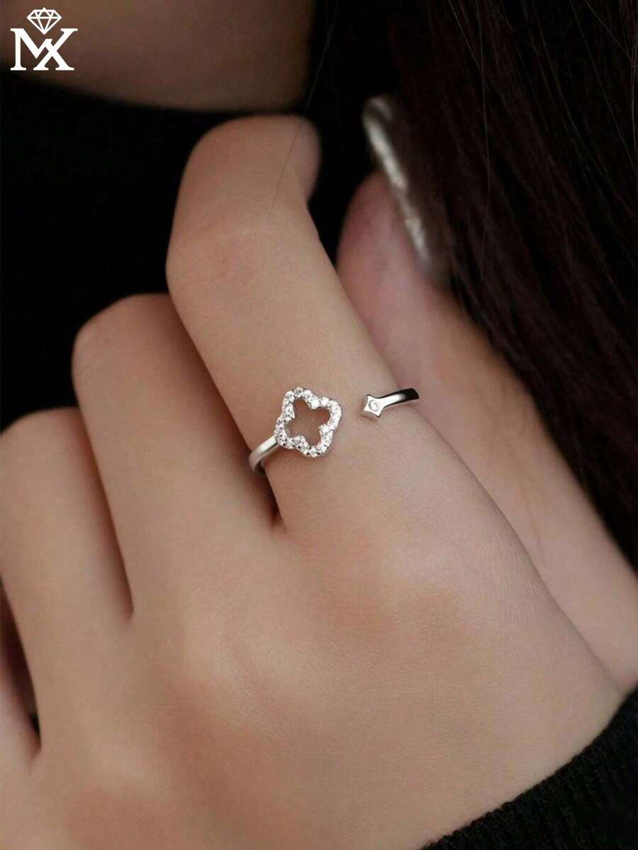 SYMFNY 1枚优雅奢华925银锆石四叶草可调节开口戒指，女士百搭日常佩戴及节日礼物时尚首饰 - 銀色 - 查看 1