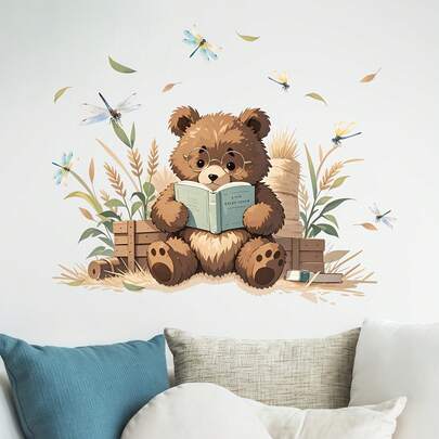 1/2/3 piezas de adhesivos de pared con un oso marrón leyendo, libélulas y escenario natural; autoadhesivos de PVC resistentes al agua; adecuados para la decoración de la habitación, el rincón de lectura y la sala de estar.