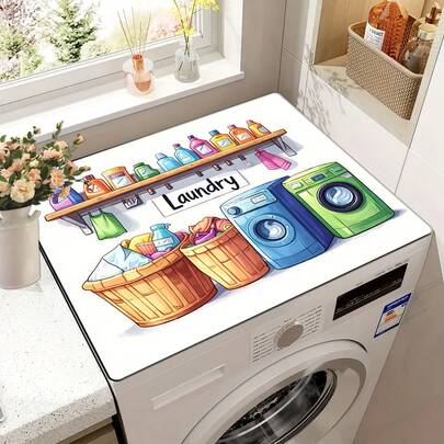 1pc Cartoon Pattern Printed Washing Machine Dust Cover Mat, Rubber Soft Bottom, Laundry Room Accessory, Washing Machine Top Protective Pad, Quick Absorbent And Dry, Refrigerator Dust Cover, Coffee Maker Countertop Absorbent Mat, Diatomite Draining Mat, Modern Laundry Room And Kitchen Appliance Washing Machine And Dryer Dust Cover, Home Decor, Kitchen And Dining Room Decor