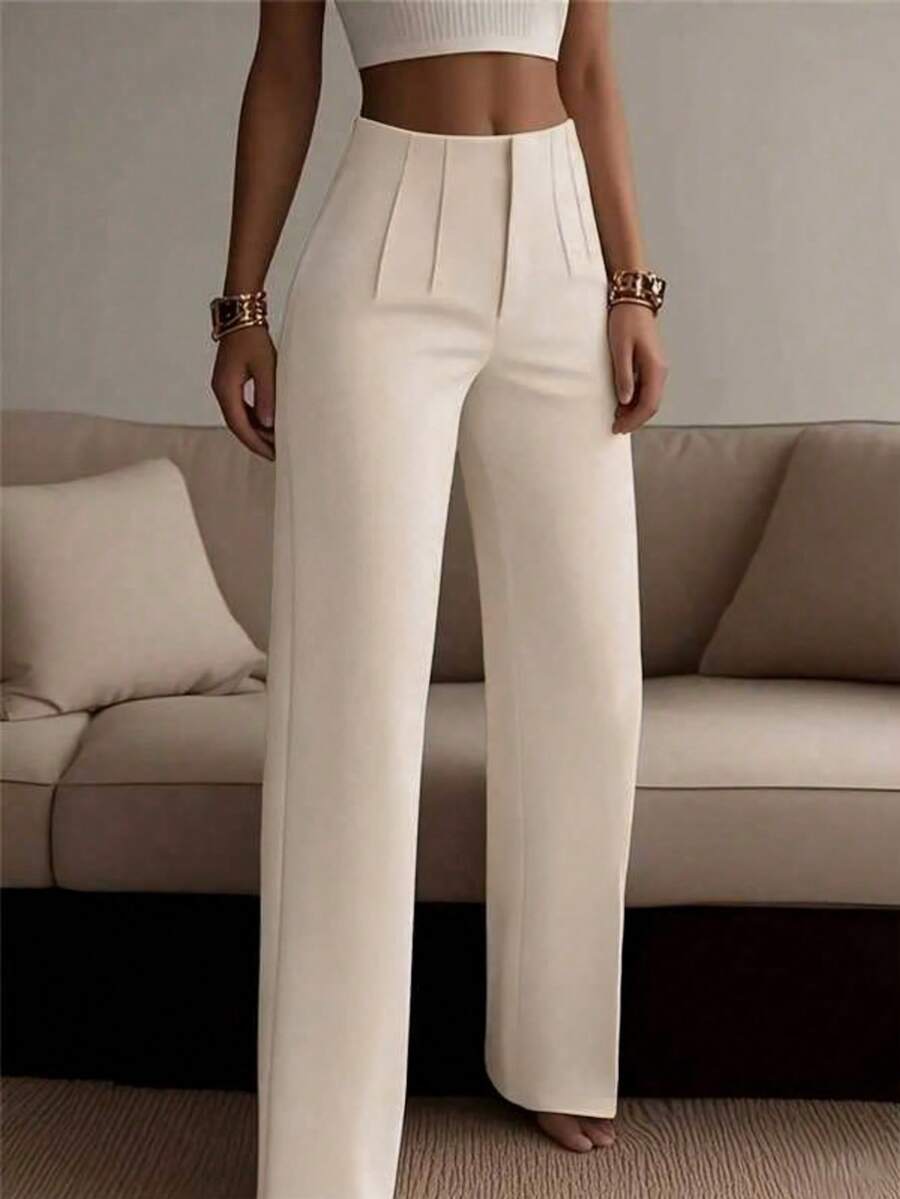 Women's Solid Color Wide Leg Straight Casual Pants, Minimalist Business Versatile Commuter Trousers Spring