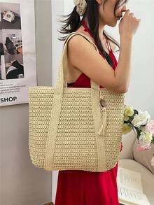 Women's Fashion Large Capacity Woven Vacation Style Hollow Out Straw Tote Bag - White - View 4