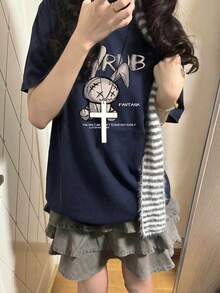 春夏新款女款獨特設計兔子印花圓領休閒百搭青少年短袖T恤 - 深藍 - 查看 4