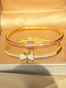 18K Gold Plated Stainless Steel Heart Jewelry Set For Women, Gold Bangle, Ins Style Shiny Zirconia Layered Bracelet, Mother's Gift, Christmas, Thanksgiving, Halloween, Wedding Jewelry, Anniversary, Valentine's Day Gift, Boho Style Daily Party - Multicolor - View 1