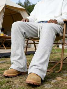 1 pieza Pantalón de chándal de pierna recta y corte holgado para hombre, diseño de parche en la cintura, bolsillos laterales, pantalón cómodo de estilo deportivo para primavera/otoño, tela de punto, material duradero - Gris - Ver 8