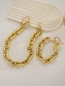 1 Set Women's Retro Minimalist Flat Metal Cuban Link Necklace And Bracelet Set, Suitable For Daily Wear, Weddings, Brides, Parties And Celebrations - Yellow Gold - View 4