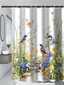 四件套绿色花卉鹦鹉春夏主题浴室浴帘套装，包含浴垫、U型马桶盖套、防水浴帘、现代风格浴室隔断帘，无需钻孔，涤纶材质，可机洗。 - 鳥 - 查看 9