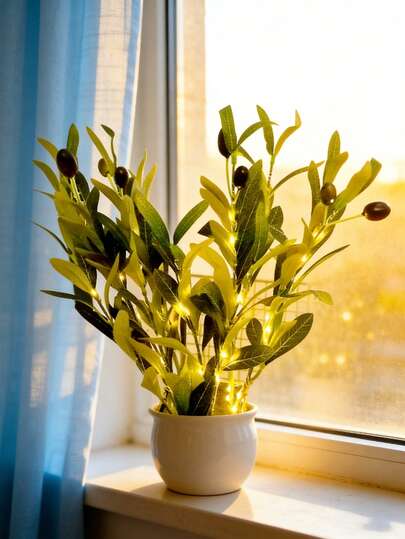 1pc LED Simulated Olive Branch Copper Wire Tree Light, A Creative Home Decor Piece For Festive Atmosphere In Rooms,Olive Branch LED Light With Fairy Lights, Artificial Green Tree For Modern Holiday Home Decor – Perfect For Weddings, Birthdays, Parties, Cabinets, Tables, Cafes (Battery-Powered)