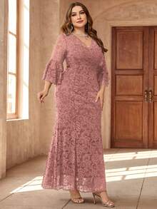 大码V领荷叶袖花卉蕾丝美人鱼长裙，适合情人节、婚礼宾客、舞会、生日、节日、毕业典礼、晚宴及其他场合的春季派对。 - 藕粉色 - 查看 6