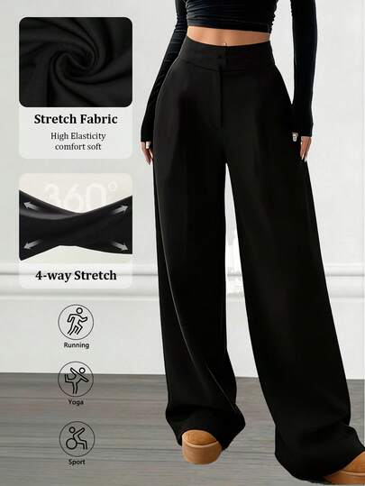 1pc Women's High Waist Wide Leg Pants - Elegant Black Drawstring Straight Leg Pants, Elastic Wide Leg Pants With Drawstring Design, Versatile For Daily Office Casual Wear, Commuting Style Solid Color Minimalist Draping High Waist Wide Leg Pants, Vintage Loose Casual Pants For All Seasons, Fashionable Versatile Trousers Suitable For Office, Business Casual And Formal Occasions, Daily Outdoor Shopping Outfits Spring