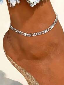 SYMFNY 1pc Minimalist Unisex 925 Sterling Silver Figaro Chain Anklet, Suitable For Daily Wear And Gift Giving - Silver - View 1