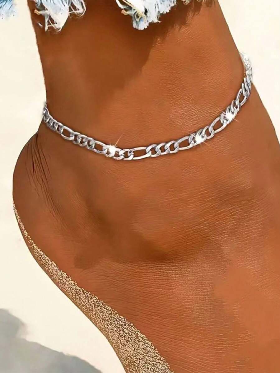 SYMFNY 1pc Minimalist Unisex 925 Sterling Silver Figaro Chain Anklet, Suitable For Daily Wear And Gift Giving - Silver - View 1