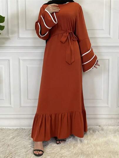 Solid Color Petal Sleeve Round Neck Loose Simple Dress, Elegant Belted Waist Ruffle Hem Dress, Women