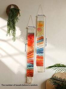 1件/2件套中世纪现代风格日落海洋挂毯，波西米亚抽象太阳波浪流苏壁挂，简约海岸几何墙饰，适用于卧室和客厅，大地色系壁挂，适合波西米亚风和自然爱好者的礼物 - 彩色 - 查看 10