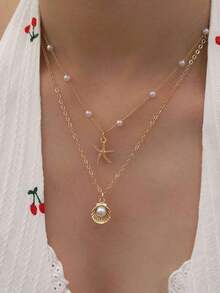 1pc Beach Ocean Resort Style Starfish & Shell Faux Pearl Layered Necklace, Suitable For Daily Wear, Gift-Giving And Fashion Accessory - 彩色 - 查看 4