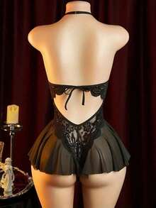 Red Lace High-Neck One-Piece Dress With A Back-Opening Design - Accessory A Date. - Black - View 5