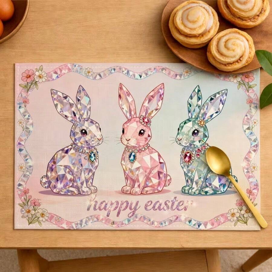 4pcs Easter Theme Placemats, Cute Rabbit Pattern With Diamond Elements And Floral Design, Suitable For Party Dining And Easter Decoration. Size: 30x45cm, Applicable For Seasonal Home Decor, Holiday Table Decor, Farmhouse Style, Washable And Durable. An Ideal Gift Choice.