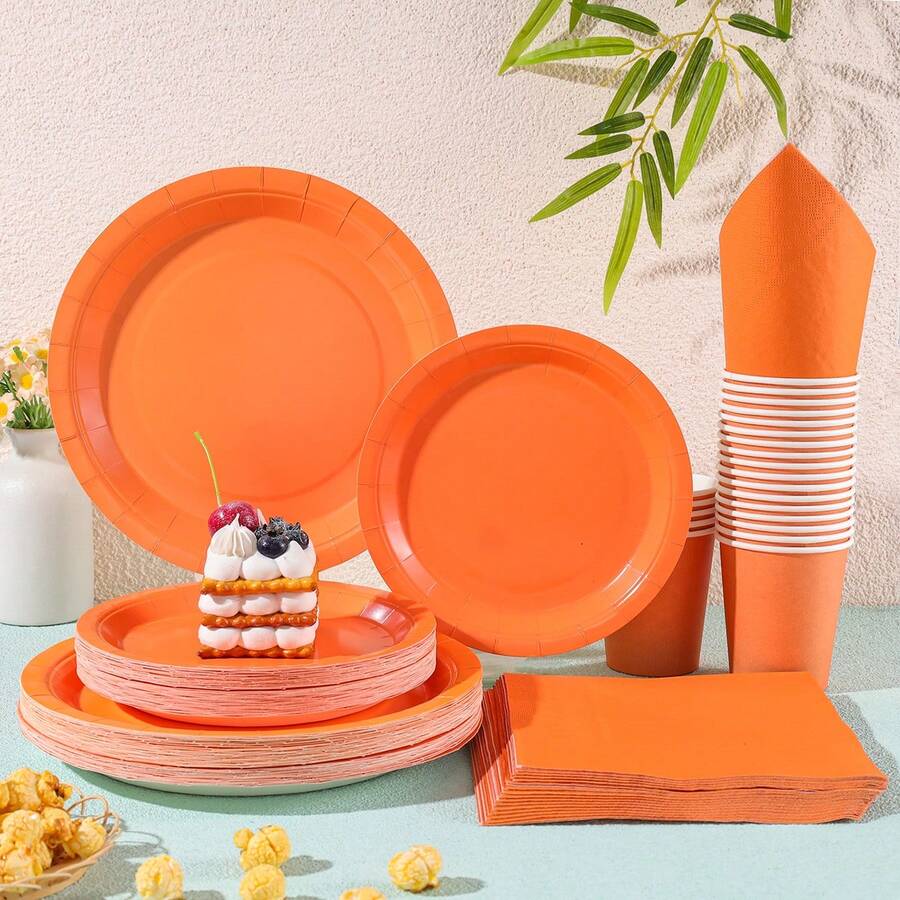 橙色一次性餐具套装，包括7/9英寸纸盘、纸杯、餐巾纸，适用于生日派对、节日、聚会、野餐、庆祝活动、婚礼茶会、毕业典礼等场合。 - 正雨橙色 - 查看 1