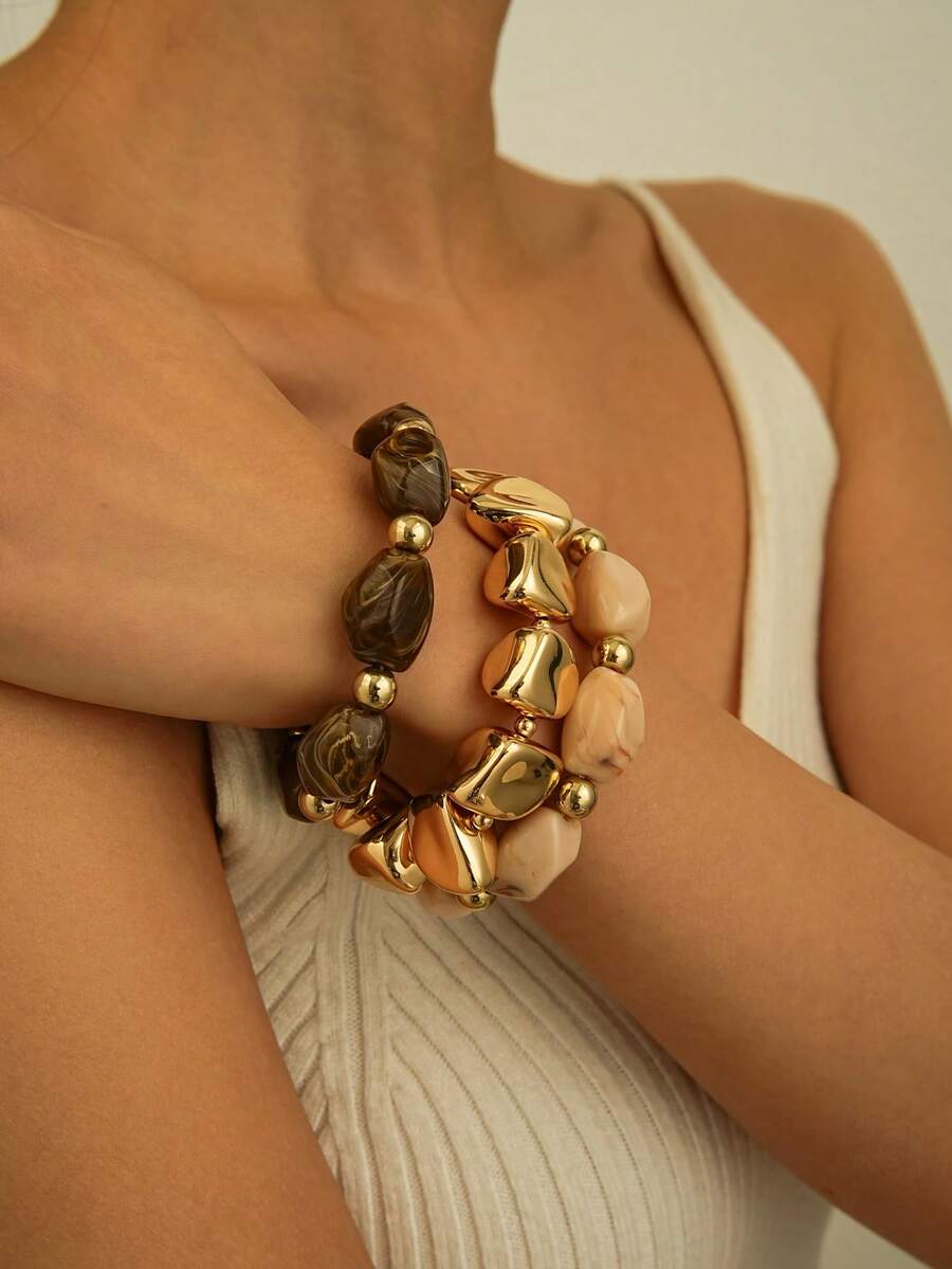 3pcs/Set Vintage Boho Style Thick Multi-Layer Brown Acrylic Beaded Bracelet, Luxury High-End For Women, Couples, Party, Daily Wear - Multicolor - View 1