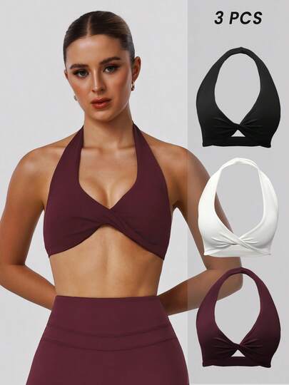 Sodalemon 女士训练健身三件套运动文胸瑜伽弹力挂脖休闲无背带衬垫训练运动服跑步户外扭结运动文胸