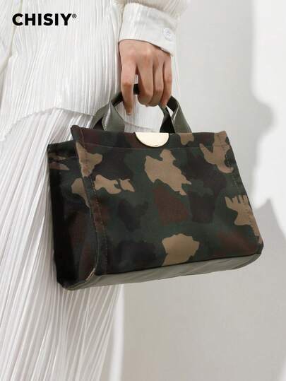 Original Handmade Fashion Camouflage Avant-Garde Style Handbag, Green PU With Brown And Deep Green Color Blocking, Suitable For Business And Casual Occasions, Front Luxury Metal Decor, With Shoulder Strap, Crossbody Bag, Lightweight And Durable, Retro Charm, Elegant For Women, Versatile For Any Occasion, Showcasing Unique Fashion Taste