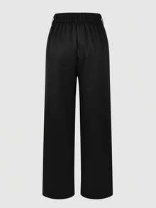 Jessfine 纯色口袋拉链纽扣直筒裤，优雅时尚，适合办公室和日常穿着，黑色 - 黑色 - 查看 6