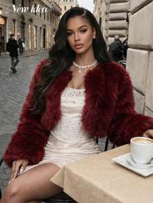 女士奢华红色人造毛皮短外套，长袖修身剪裁，优雅正式场合晚礼服 - 酒紅色 - 查看 1