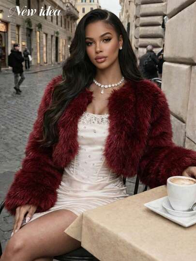 Women's Luxury Red Faux Fur Short Jacket, Long Sleeve Fitted Silhouette, Elegant Formal Occasion Evening Dress