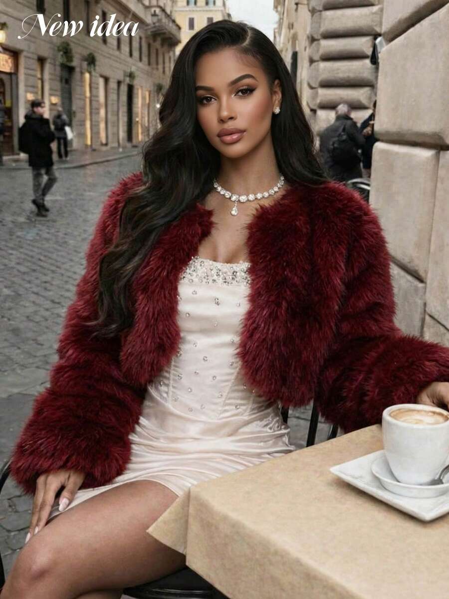 女士奢华红色人造毛皮短外套，长袖修身剪裁，优雅正式场合晚礼服 - 酒紅色 - 查看 1