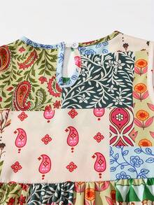 Robe d'été décontractée sans manches à col rond avec patchwork floral pour jeune fille, tissu respirant, doux et agréable à la peau, tenue de mode pour sports de plein air, vacances et fêtes, cadeau parfait - Multicolore - Voir 3