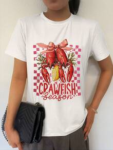 Women's Casual Vacation Streetwear Beach Plaid Lemon Lobster Bow Leaf Letter Print T-Shirt, Brunch White - White - View 7