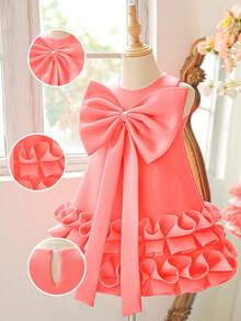 Young Girls' Round Neck 3D Bow Ruffle Layered Elegant Party Dress, Suitable For Banquet, Birthday Party, Excludes Headband - Watermelon Pink - View 6