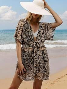 Beige Leopard Print Deep V-Neck Tie-Waist Short Sleeve Sheer Beach Cover Up Vacation - Multicolor - View 3