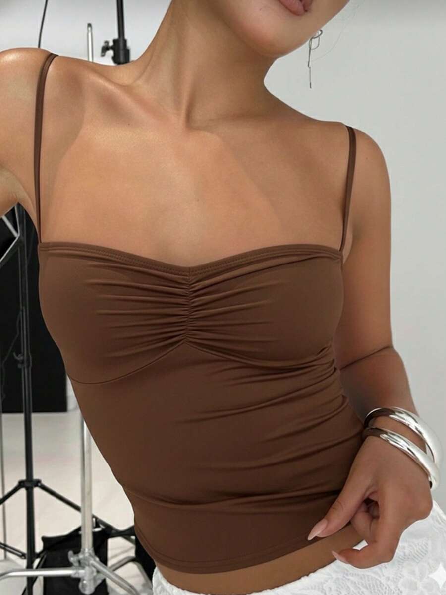 Women's Summer Foldable Top, Solid Color - Cà phê nâu - Xem 1