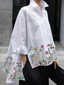 Plus Size Women's Casual Floral Print Front Short Back Long Shirt, Printed Woven Fabric, Summer Spring White - White - View 1