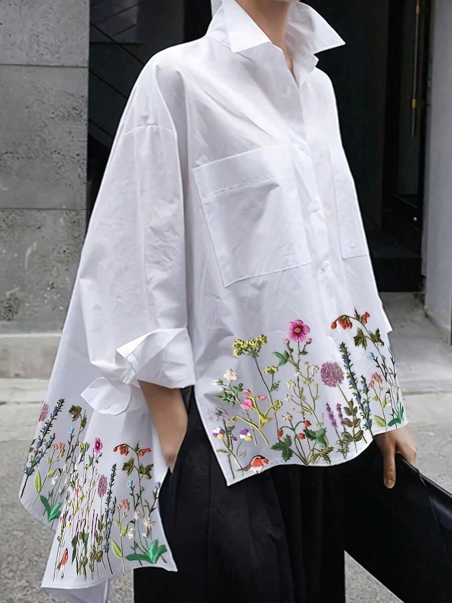 Plus Size Women's Casual Floral Print Front Short Back Long Shirt, Printed Woven Fabric, Summer Spring White - White - View 1