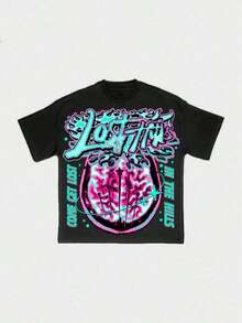 Men's% Cotton Graphic Tee, Crew Neck Short Sleeve Casual-Shirt With HELLSTARs Adventure Flame Letter Print, Skeleton Astronaut Graphic, Vintage Streetwear, Comfortable Soft & Breathable Summer,Daily Wear & Going Out,Regular Fit, Durable Fabric,Gifts Men - Black - View 2