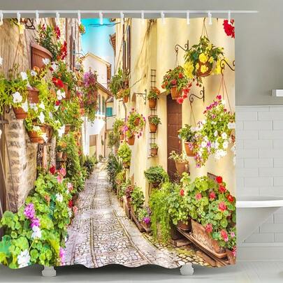 1pc Street View Pattern Shower Curtain, Bathroom Divider Curtain With Hooks, Bathroom Accessory, Home Decor