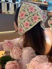 复古法式钩针花卉三角围巾，手工编织女士披肩，户外配饰 - 粉色 - 查看 1
