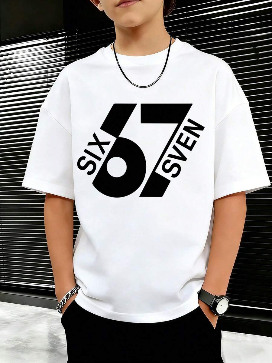 男童休闲印花圆领短袖T恤,夏季上衣 - 白色 - 查看 1