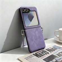 清新浅紫色手机壳，带防丢挂绳，兼容三星 Galaxy ZFlip7、ZFlip6、ZFlip 5，防震后盖 - 紫丁香色 - 查看 3