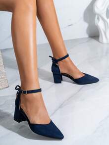 Sepatu hak tebal suede berujung lancip dengan detail pita dan lubang di bagian dalam, serbaguna untuk sehari-hari, kerja, bisnis, dan acara formal, warna hitam, ukuran besar, hadiah Hari Ibu. - Royal Blue - View 4