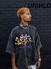 Disneyland Racetrack  Printed Summer Heavyweight Retro Washed Street Fashion Casual T-Shirt - Black - View 4