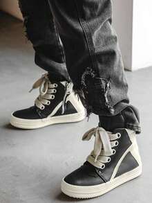 Men's Athletic And Casual Shoes, Thick Shoelaces, Round Toe, High-Top Casual Shoes, Niche Retro Platform Skate Shoes. - 黑色 - 查看 7